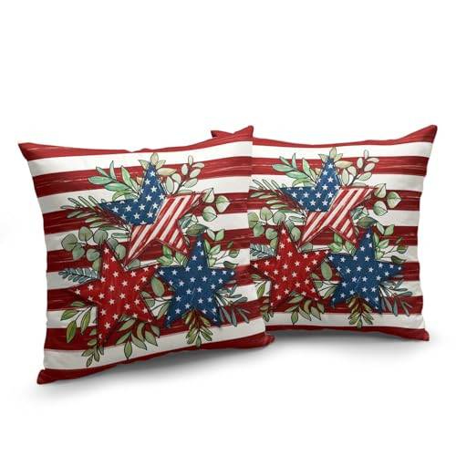 Cryfox 4th of July Patriotic Throw Pillows Covers 20x20 Inch Set of 2 America Flag Stars Holiday Pillow Cover Set of 2 Red White Blue Independence Day Home Decor Pillowcase for Holiday Sofa Bed Couch | Amazon (US)