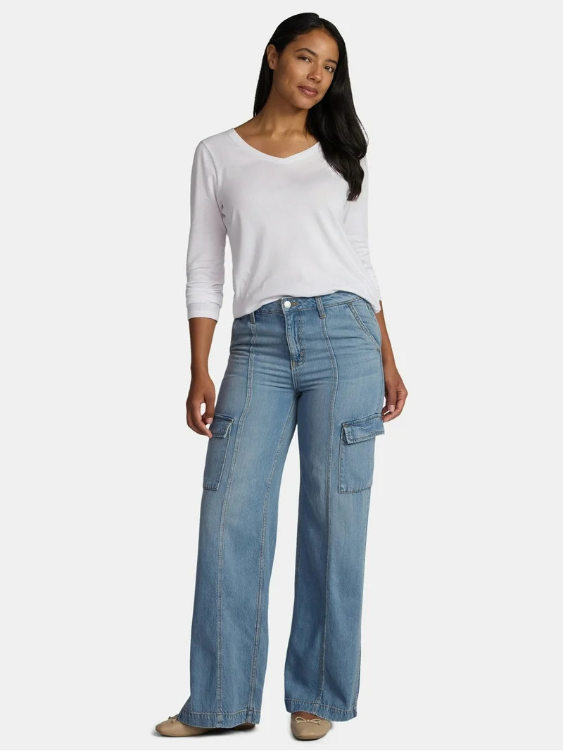 Time and Tru Women's Wide Leg Cargo Jeans, 31" Inseam, Sizes 0-20 | Walmart (US)