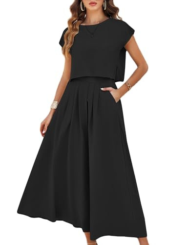 Mingzhu Womens 2 Piece Outfits Skirt Set Summer Casual Cap Sleeve Crop Tops Maxi Dress Sets with Pockets(0919-Black-S) | Amazon (US)