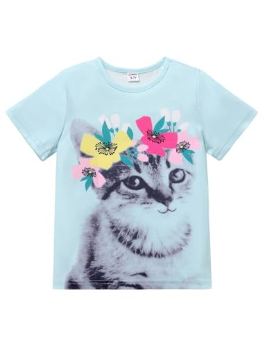 PATPAT Girls Shirts Size 6-7 Blue Cat Print Graphic Tees, Cat Shirt Kids, Crew Neck Short Sleeve Blue Tops Cheer Clothes Big Sister Outfit Dance Tops | Amazon (US)