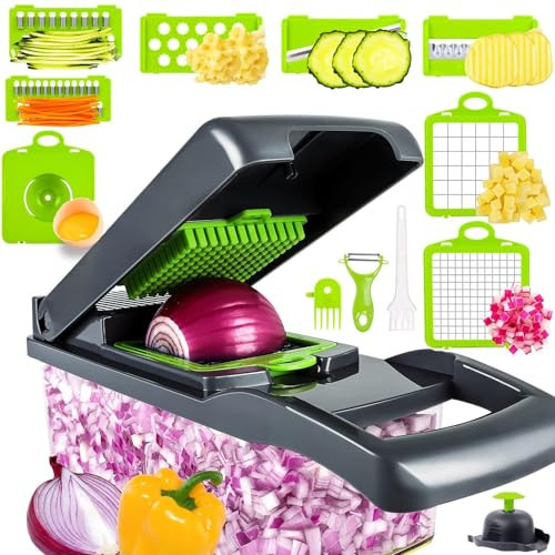Professional Compact Vegetable Chopper, Chopper Vegetable Cutter, Food Chopper, Veggie Chopper with Container, Vegetable Chopper With Container, Onion Chopper, Mandoline Slicer (9 Inserts) Grey Green | Amazon (US)