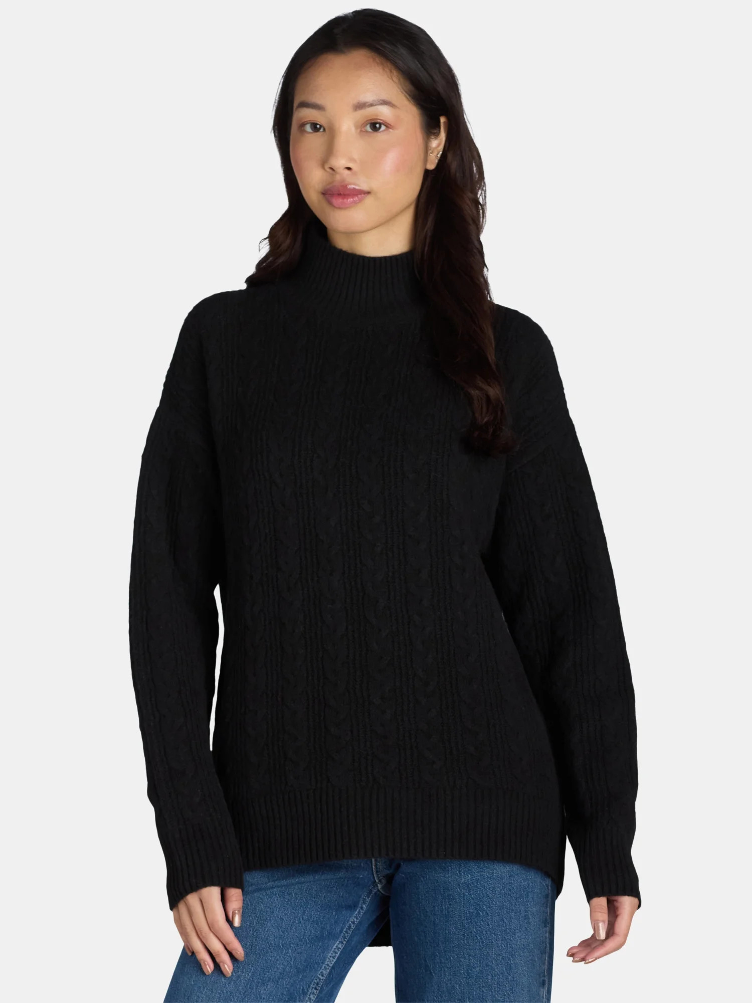 Time and Tru Women's and Women’s Plus Cable Knit Mock Neck Sweater, Sizes XS-3X - Walmart.com | Walmart (US)
