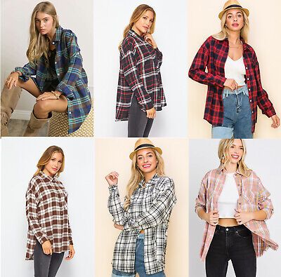 Women&#039;s Cozy Plaid Flannel Oversized Long Sleeve or Cuffed Shirt Button Down Top  | eBay | eBay US