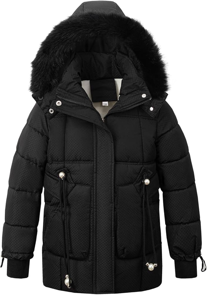 Girls' Winter Warm Coat Fleece Lined Long Jacket With Detachable Fur Hood | Amazon (US)