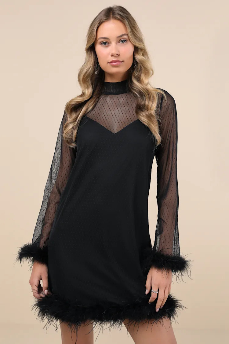 Immaculate Charisma Black Mesh Feather Long Sleeve Mini Dress | Lulus