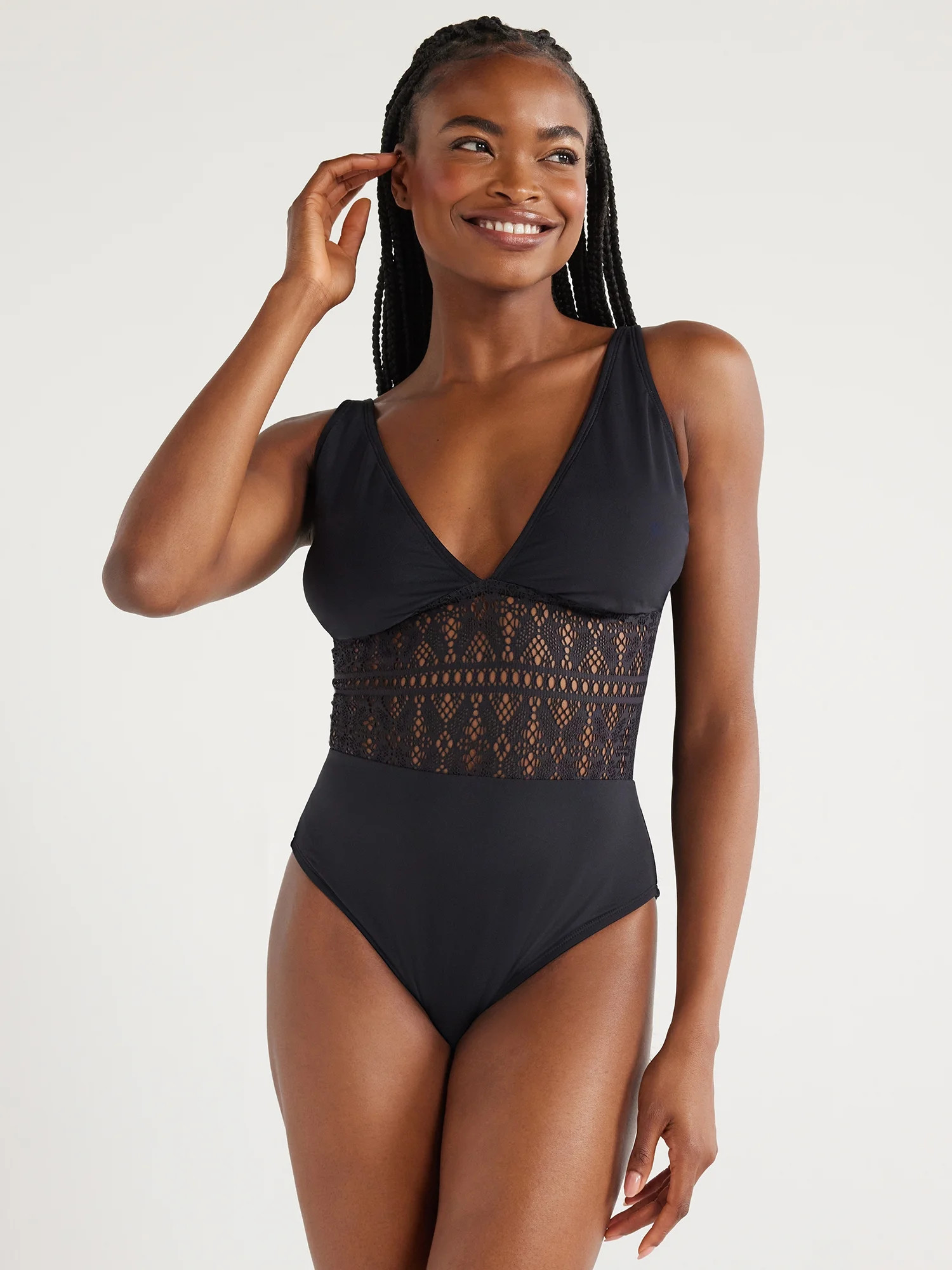 Time and Tru Women's and Plus Black Crochet Plunge One Piece Swimsuit, Sizes S-3X | Walmart (US)