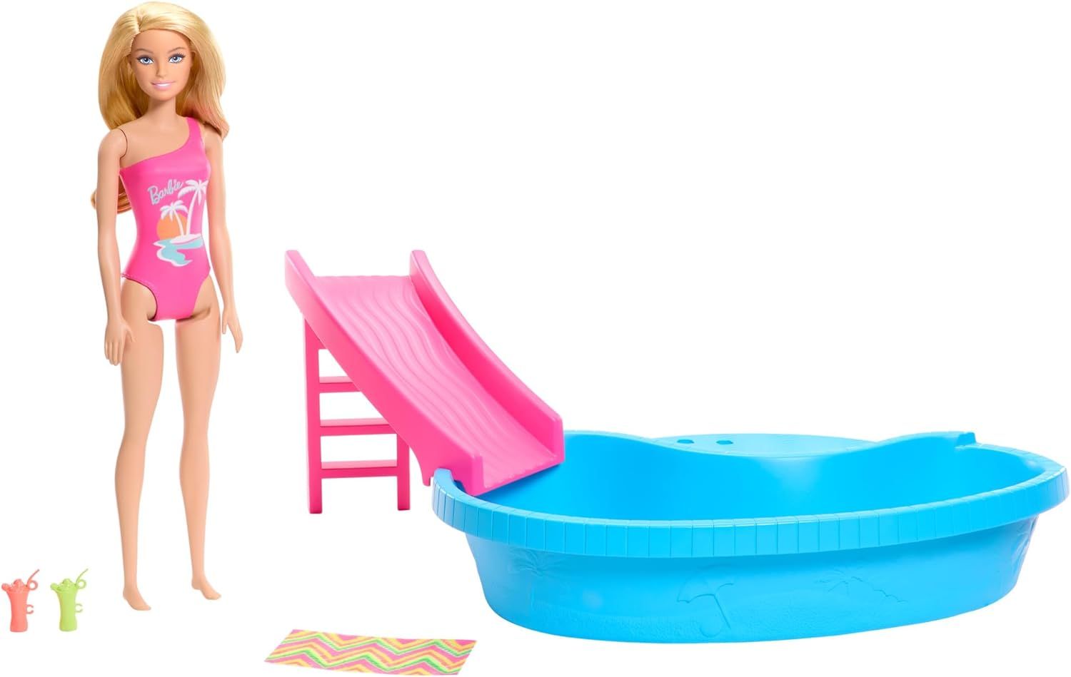 Barbie Doll and Pool Playset, Blonde in Tropical Pink One-Piece Swimsuit with Pool, Slide, Towel ... | Amazon (US)