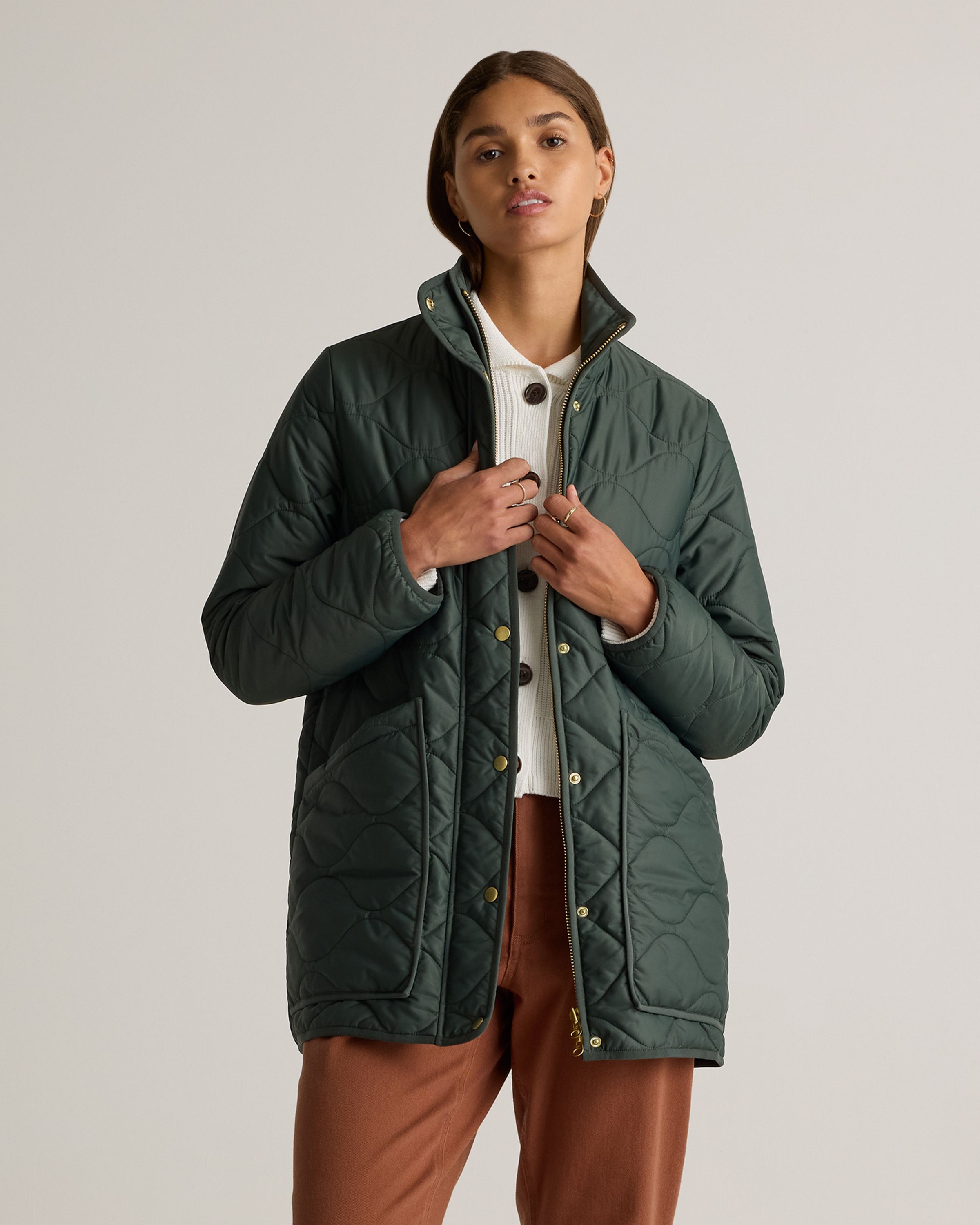 Quince | Women's Featherless Quilted Long Puffer Jacket in Verdant Pine, Size Medium, Nylon | Quince