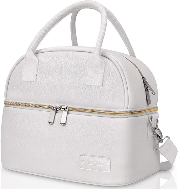 BALORAY Lunch Bag for Women Men, Double Deck Lunch Box for Adults, PU Leather Lunch Tote Bag Insu... | Amazon (US)