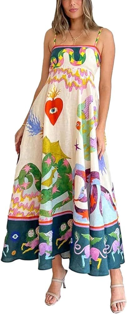 Women Floral Maxi Bodycon Dress 2024 Boho Flowy Going Out Slip Dress Y2k Graffiti Spaghetti Strap... | Amazon (US)