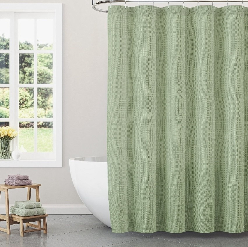 Beautiful Sage Green Check Matelassé Fabric Shower Curtain by Drew Barrymore, 72" x 72"!

#LTKHome #LTKStyleTip #LTKFindsUnder50