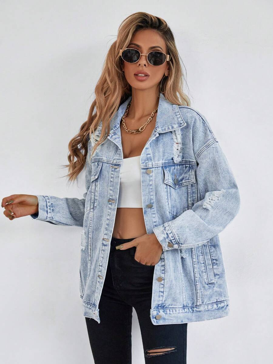 SHEIN Essnce Button Blue Front Flap Pocket Drop Shoulder Denim Jacket | SHEIN