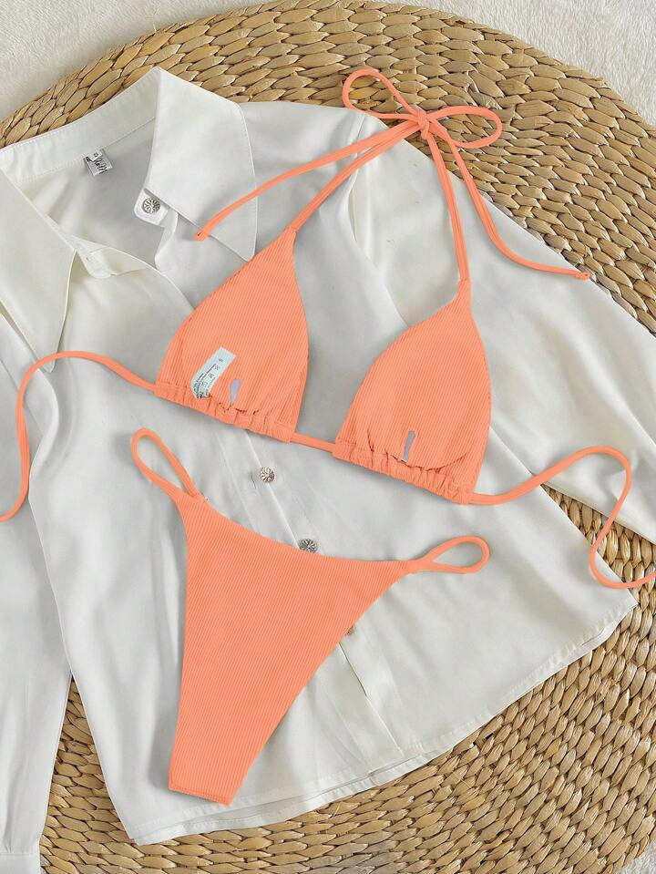 Swim Mod Women's Summer Beach Solid Color Halter Neck Strap Sexy Bikini Set | SHEIN