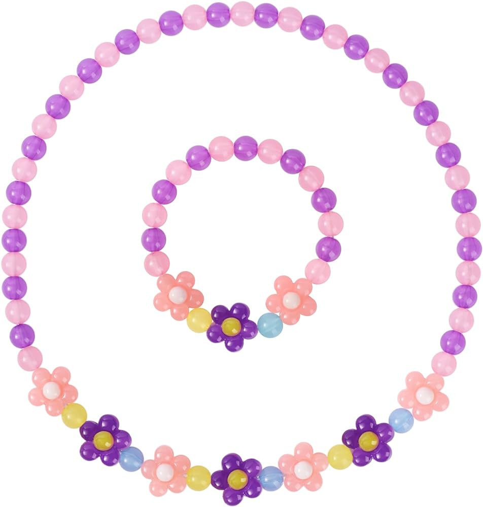 Girls Jewelry Set - Cute Flower Beads Necklace Bracelet-Toddler Girls Flower Jewelry - Stretchy C... | Amazon (US)