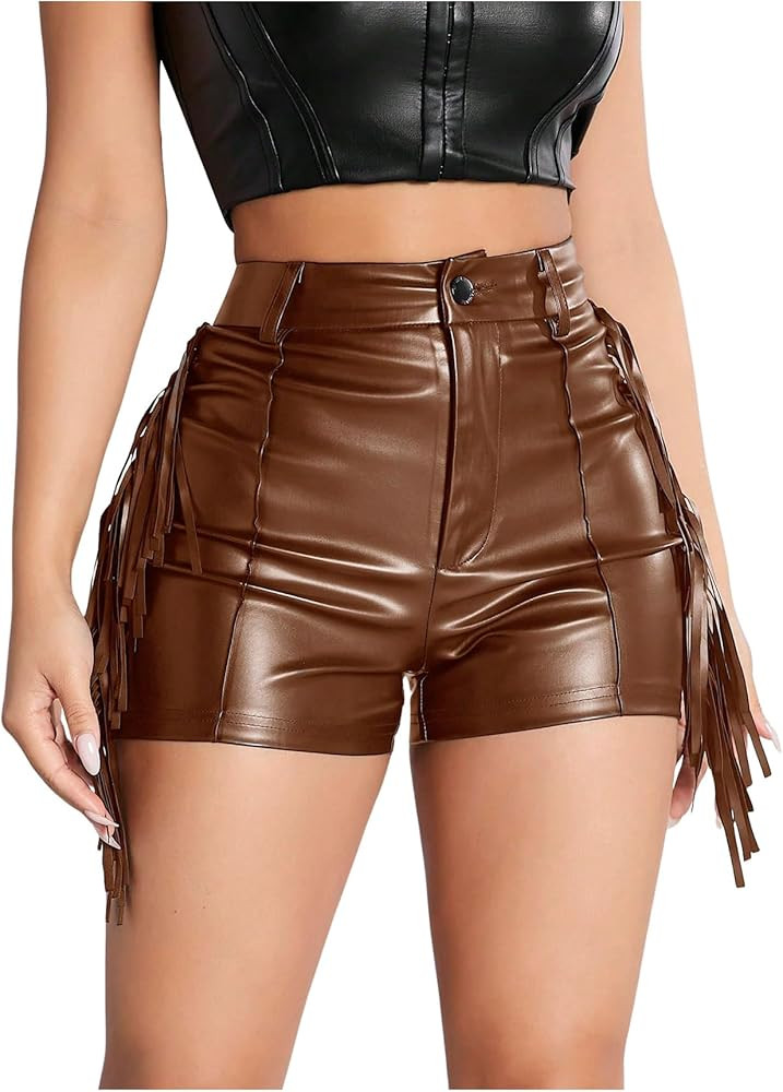 Women's High Waist Fringe Trim PU Leather Club Party Shorts Straight Leg Mini Shorts | Amazon (US)