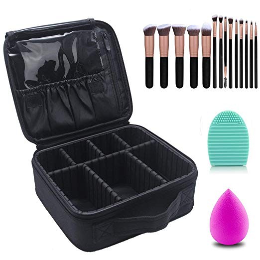 Makeup Case Cosmetic Bag Travel Makeup Train Case Black with 14 Pcs Premium Makeup Brushes Set Ki... | Amazon (US)