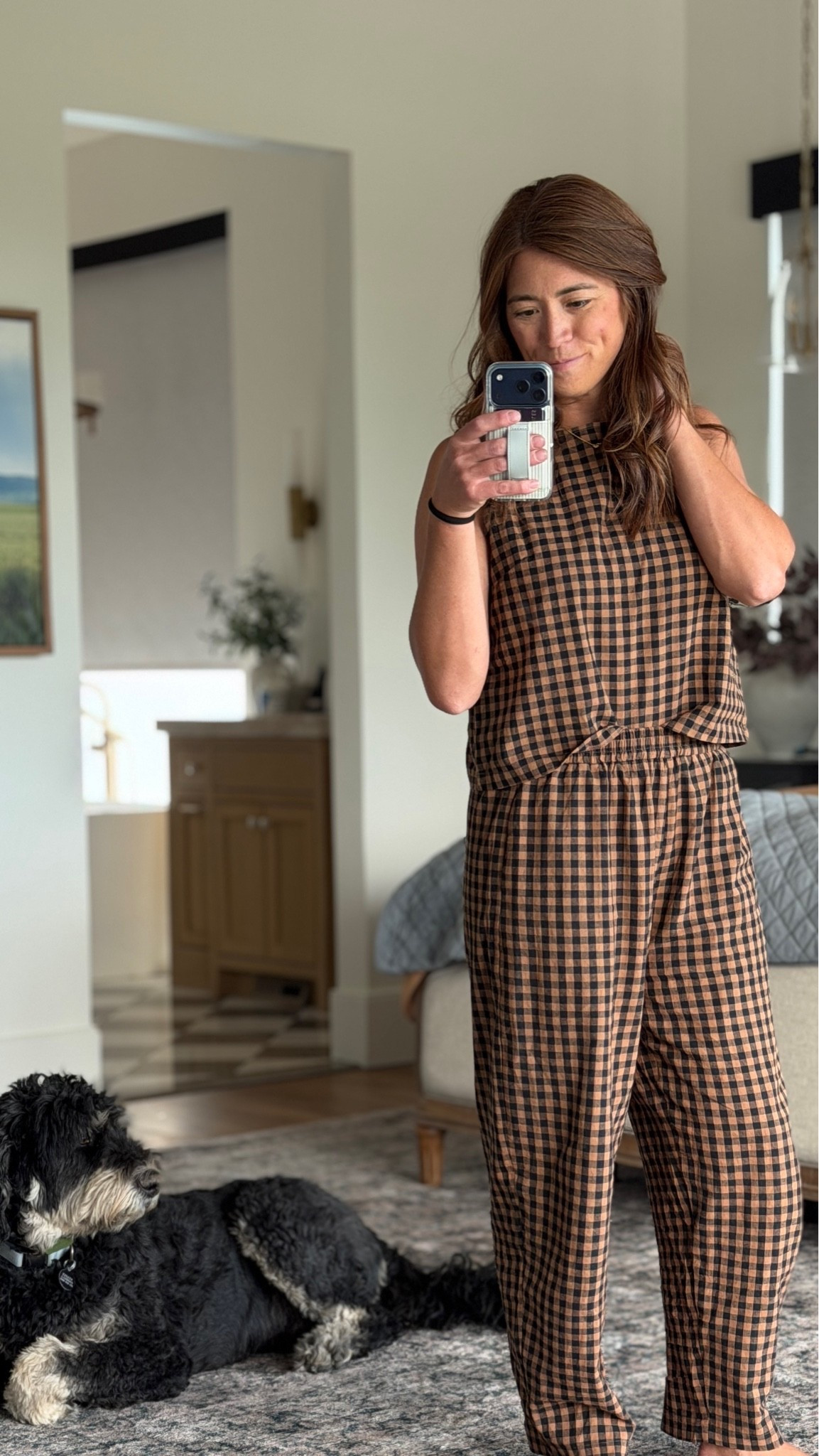 2 piece gingham set from Walmart 😍 stretchy waistband pants.
 I’m in a small.