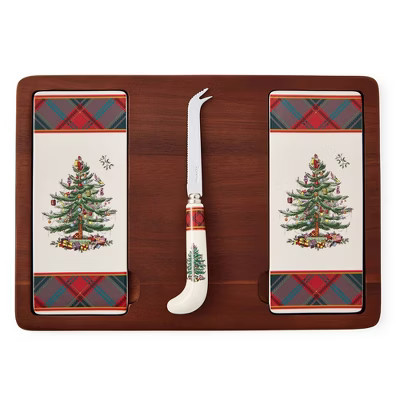 Spode Christmas Tree Cheese Board & Knife Set, Tartan Plaid - Holiday Entertaining, Charcuterie, Cheese and Cracker Tray, and Seasonal Serveware | Target