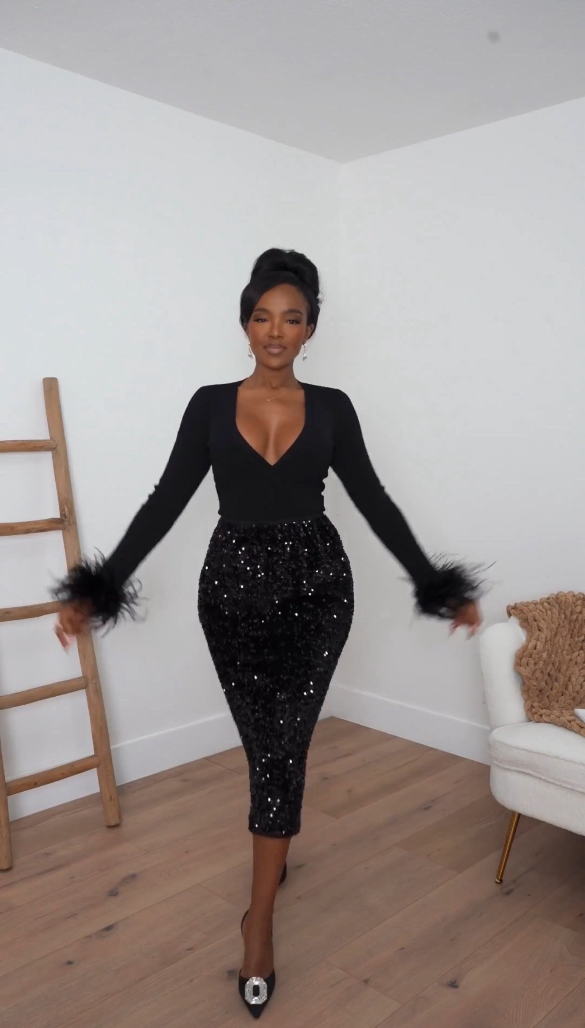 A classic black glam moment — a sleek deep-V top paired with a sequin midi skirt that sparkles with every step. The feather cuff detail adds just enough drama to keep this look bold, polished, and unforgettable.

Perfect for holiday parties, winter dinners, and elevated nights out.

📏 Sizing: Top (Small) • Skirt (Small)
📏 Measurements: 5’4” · 138 lbs · 34D · 27” waist · 40” hips

black sequin skirt outfit, holiday glam look, feather sleeve top, chic evening style, elevated all-black outfit

✨ Everything linked below for easy shopping

Follow me on Instagram and YouTube @kirasfashionfinds

#LTKootd #LTKHoliday #LTKPetite