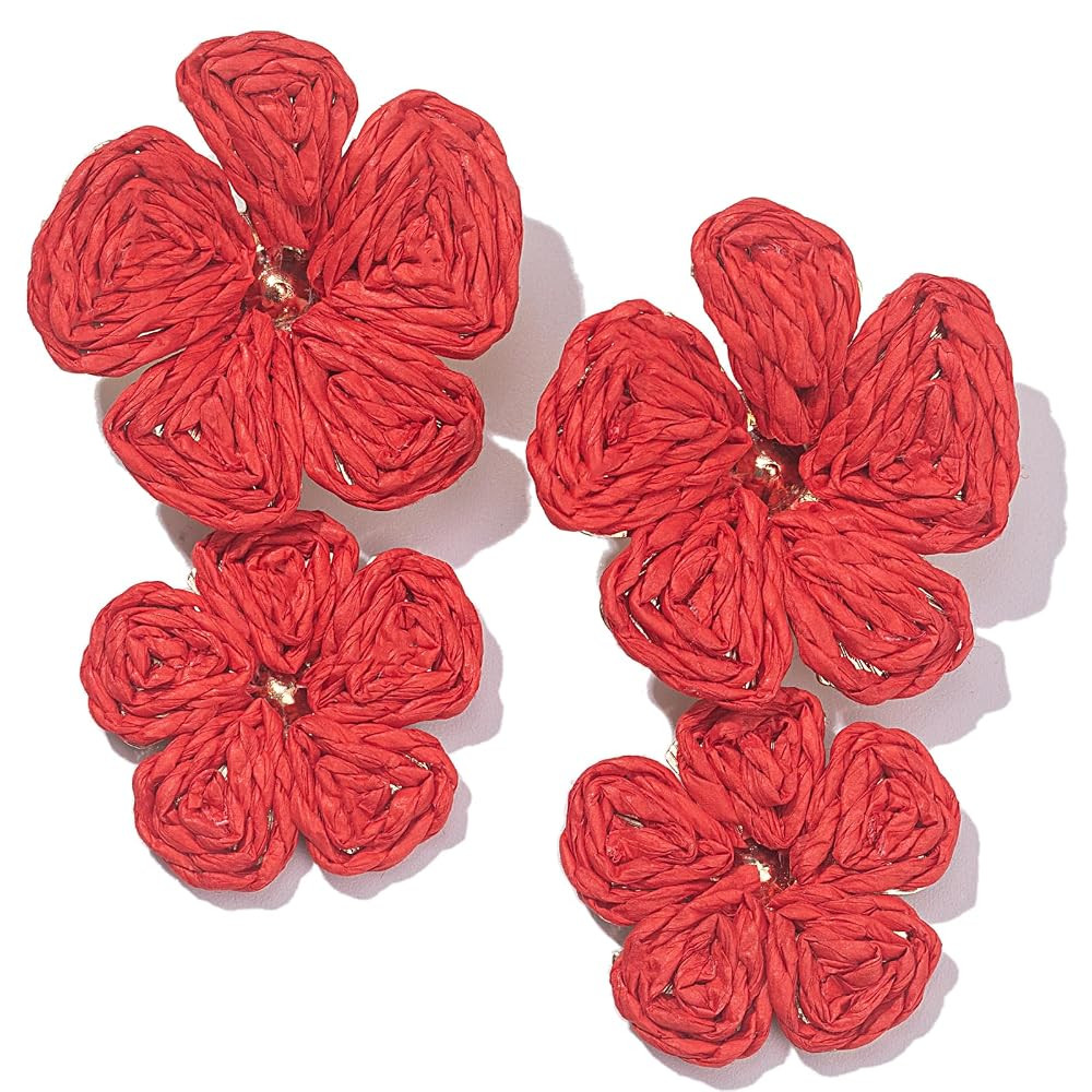 Flower Drop Earrings Floral Raffia Earrings Boho Statement Dangle Earrings Trendy Cute Summer Jew... | Amazon (US)