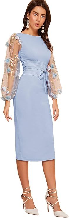 SheIn Women's Elegant Mesh Contrast Bishop Sleeve Tie Front Bodycon Pencil Dress | Amazon (US)