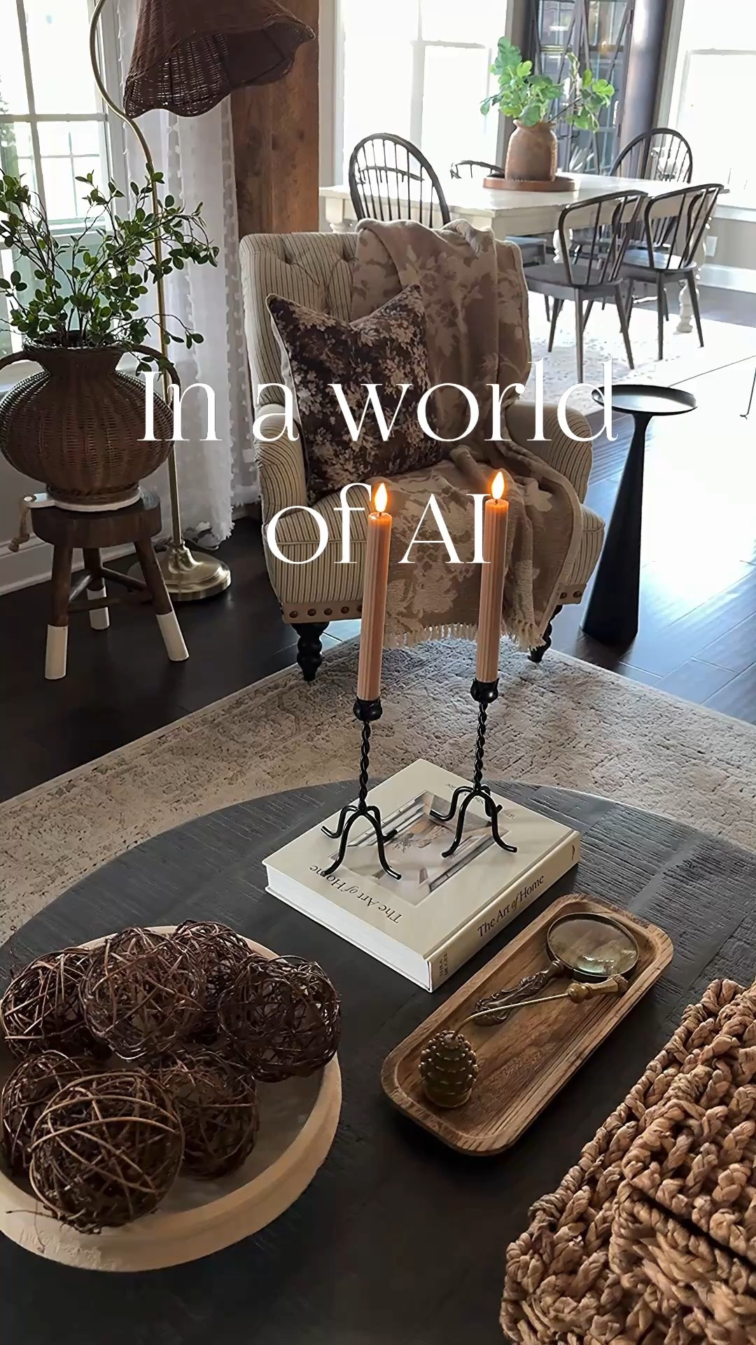 No AI here!! This is the real deal🥰
I am not able to link my heart bell garland or 40” bread board. I have linked a few similar options.

Round coffee table, black metal candle holders, brown ribbed flameless candles, pedestal bowl, grapevine balls, dough bowl tray, vintage magnifying glass, vintage pineapple candle snuffer, rattan storage boxes, floral throw blanket, floral pillow cover, floor lamp with woven shade, dipped leg stool, heart garland, cutting boards, dusty plum stems, vase for utensils, drink table, sweater

#LTKstorytime #LTKHome #LTKSeasonal