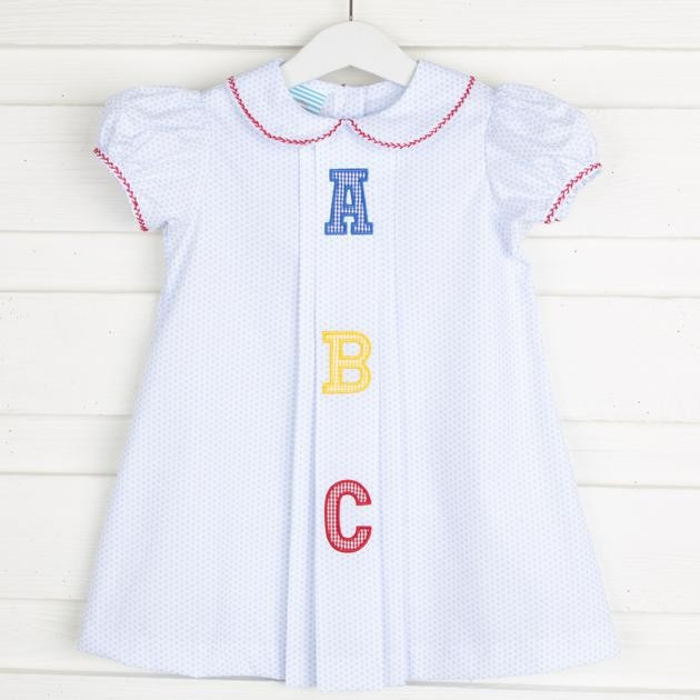 ABC Applique Sally Dress Light Blue Dot | Classic Whimsy