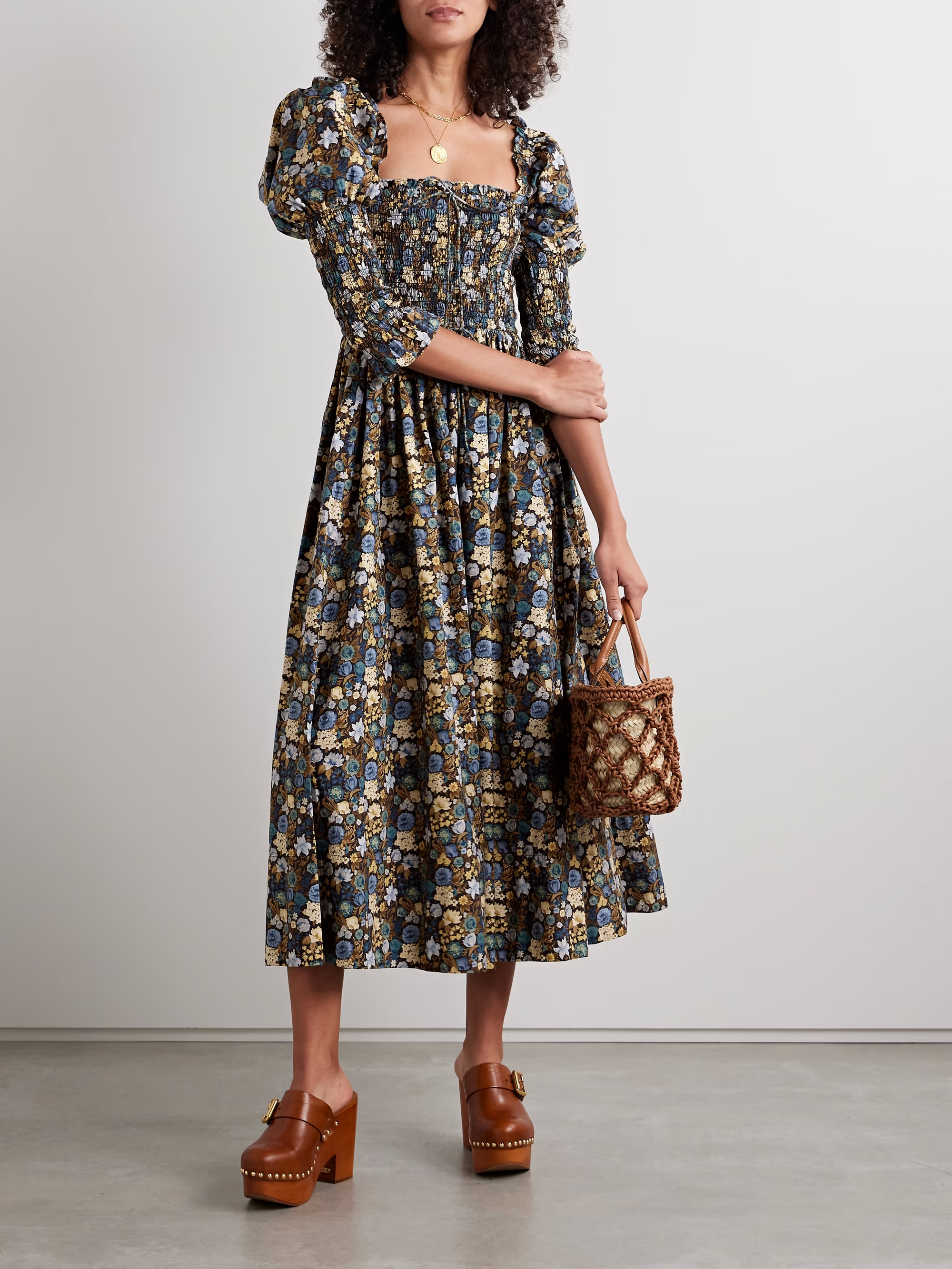 Bijou shirred floral-print organic cotton-voile midi dress | NET-A-PORTER (US)