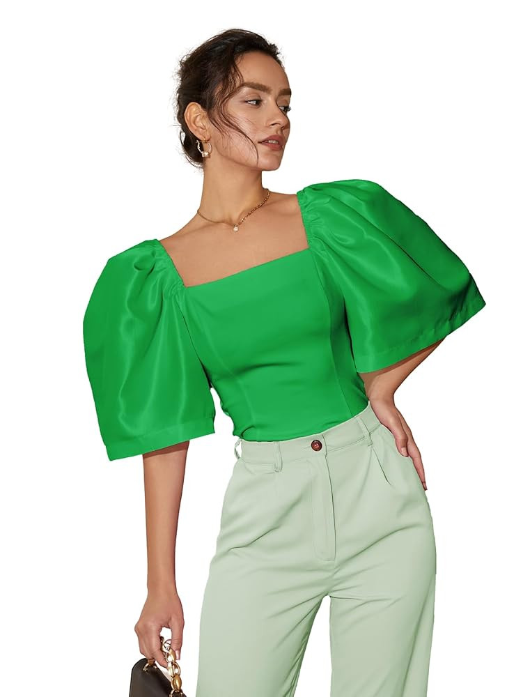 Floerns Women's Square Neck Puff Short Sleeve Elegant Blouse Crop Top | Amazon (US)