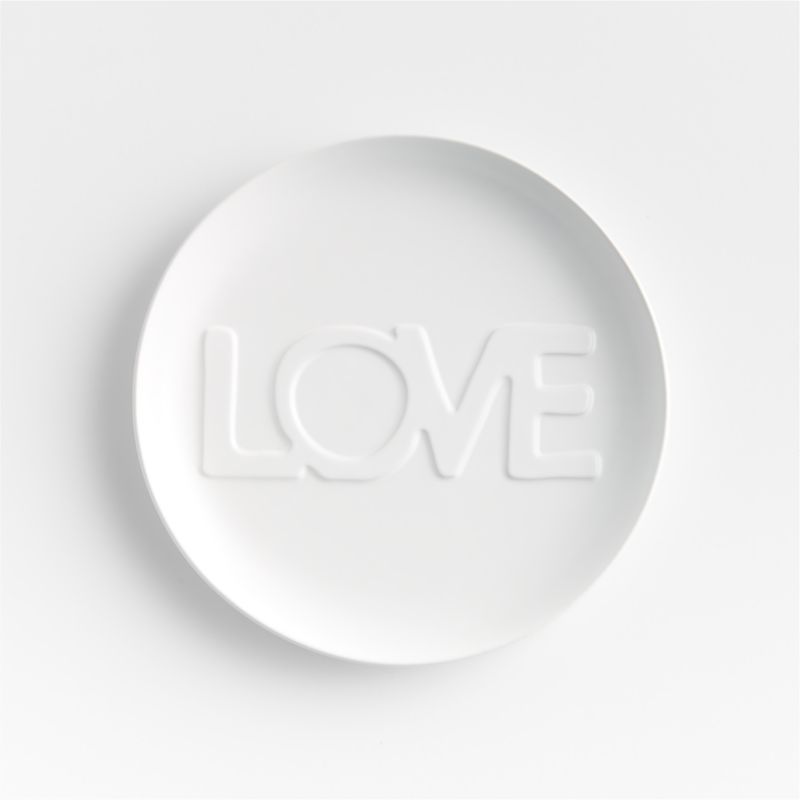"Love" White Ceramic Christmas Salad Plate by Lucia Eames + Reviews | Crate & Barrel | Crate & Barrel