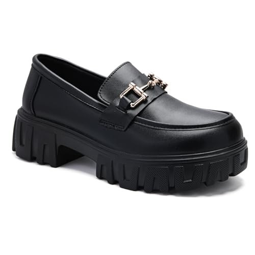 Maichal Women's Black Leather 6 M US Platform Loafers with Chain, Chunky Shoes, Slip On, Lug Sole, Heel, Work, Business, Dress Shoes | Amazon (US)