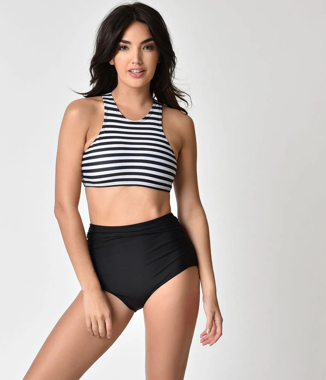 Black & White Stripe Tank & Black Bottom Two Piece Swimsuit | UniqueVintage