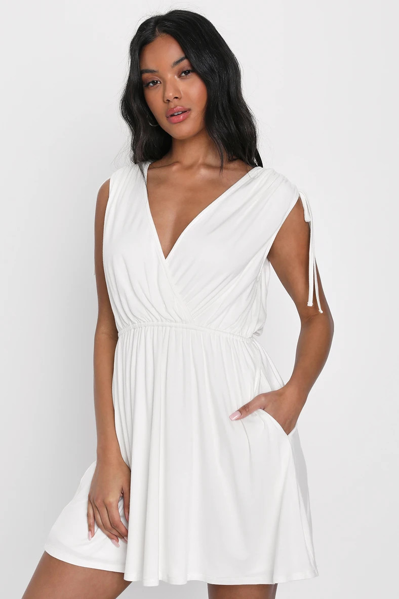 Café Day White Surplice Mini Dress With Pockets | Lulus