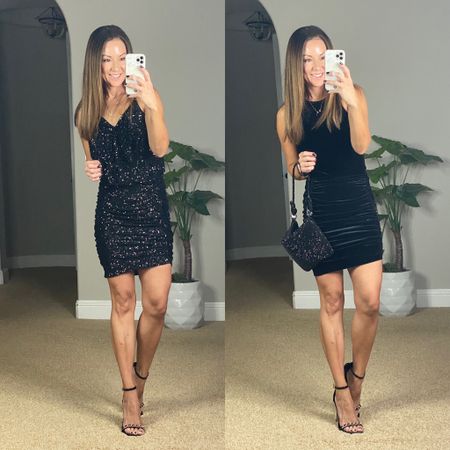30% to 50% off everything at @Express 🖤 New Year’s Eve, looks! Sequins or velvet? Sequin Cami bodysuit paired with a sequin skirt both xs. 
 Velvet bodysuit paired with a ruched velvet skirt both xs. Black patent chain heels.
I also linked a long sleeve velvet bodysuit that I shared at the beginning of the real. That would look amazing with this skirt as well.
New Year’s Eve outfit | NYE outfit | holiday outfit | Christmas party outfit | holiday dress | Vegas outfit | Vegas style 

#LTKunder50 #LTKHoliday #LTKstyletip
