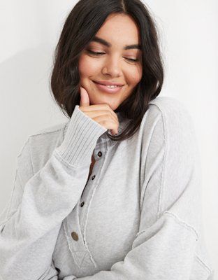 Aerie Oh Snap! Weekend Henley Mockneck Sweatshirt | American Eagle Outfitters (US & CA)