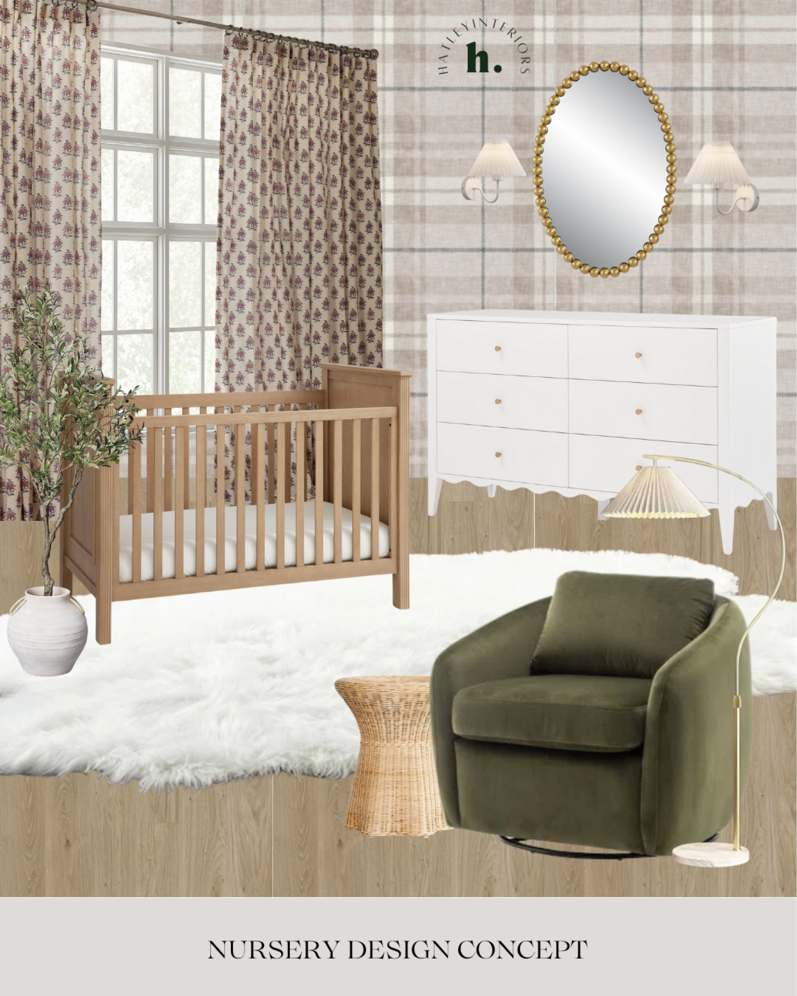 moodboard monday 🤍

nursery design, nursery moodbaord, nursery inspo, wallpaper, patterned curtains, green accent chair, green swivel chair, rattan side table, rattan accent table, wicker side table, wicker accent table, brass oval mirror, white sconces, faux olive tree, nursery decor, baby decor, home decor 

#LTKsalealert #LTKfindsunder100 #LTKhome