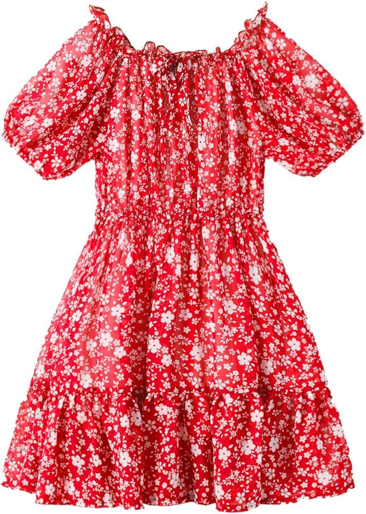 LittleSpring Girls Summer Dress Off Shoulder or O-Neck Chiffon Floral Ruffle Short Sleeve Dresses | Amazon (US)