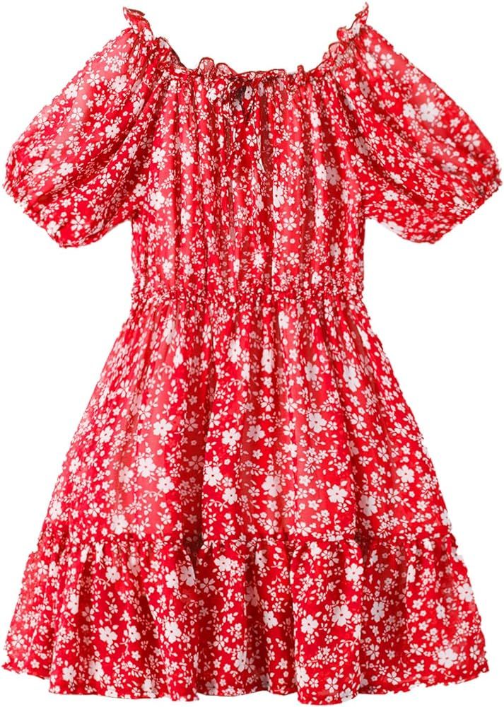 LittleSpring Girls Summer Dress Off Shoulder or O-Neck Chiffon Floral Ruffle Short Sleeve Dresses | Amazon (US)