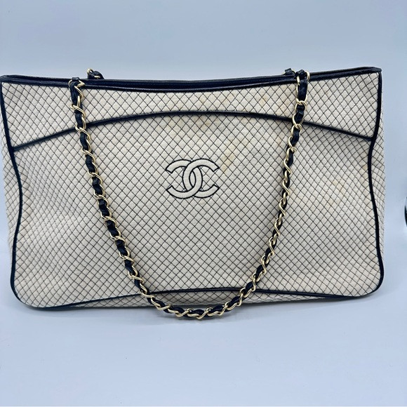 2002 CHANEL 72 Series Large Cream Black Quilted Fabric Classic Tote Shoulder Bag | Poshmark
