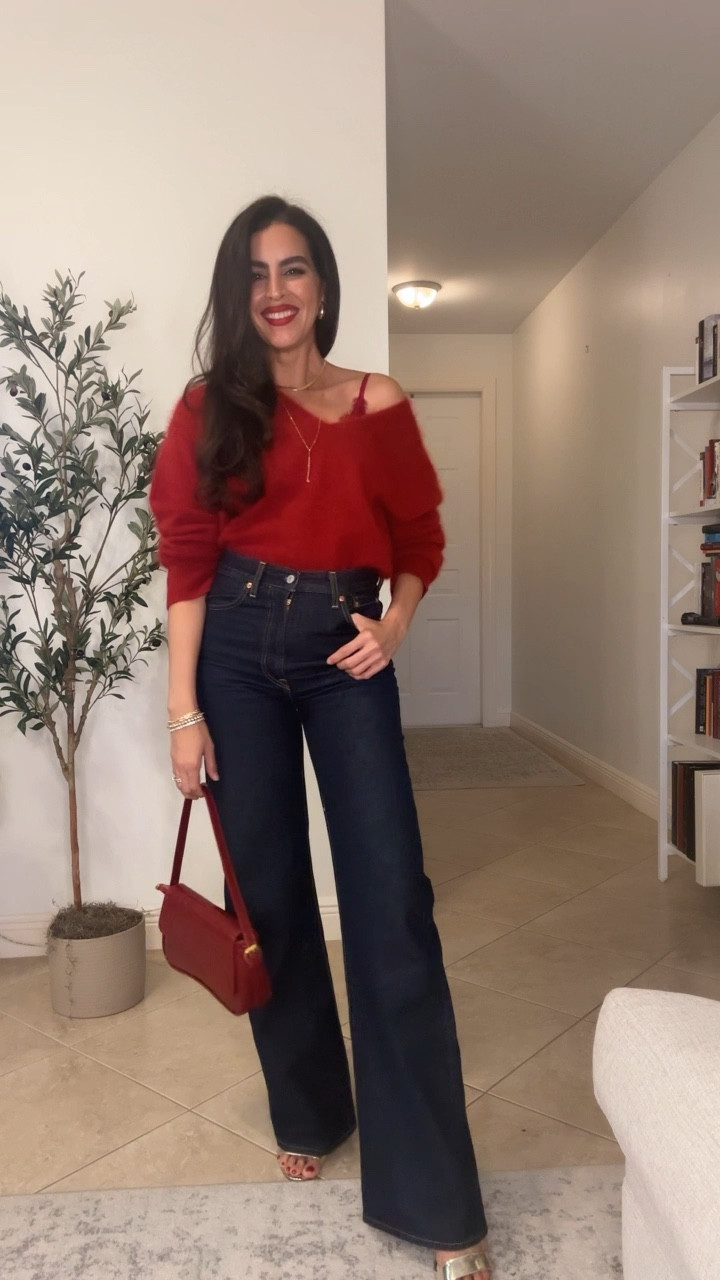 All details and sizing❤️⬇️
Size M in sweater.
Bralette in size S.
Size 26x34” in ribcage wide legs jeans.
Size 4 in skirt. 
Lipstick is feels so grand with cranberry lipliner.
Adding similar sequin skir. #LTKHoliday 

#LTKOver40 #LTKWorkwear #LTKSeasonal