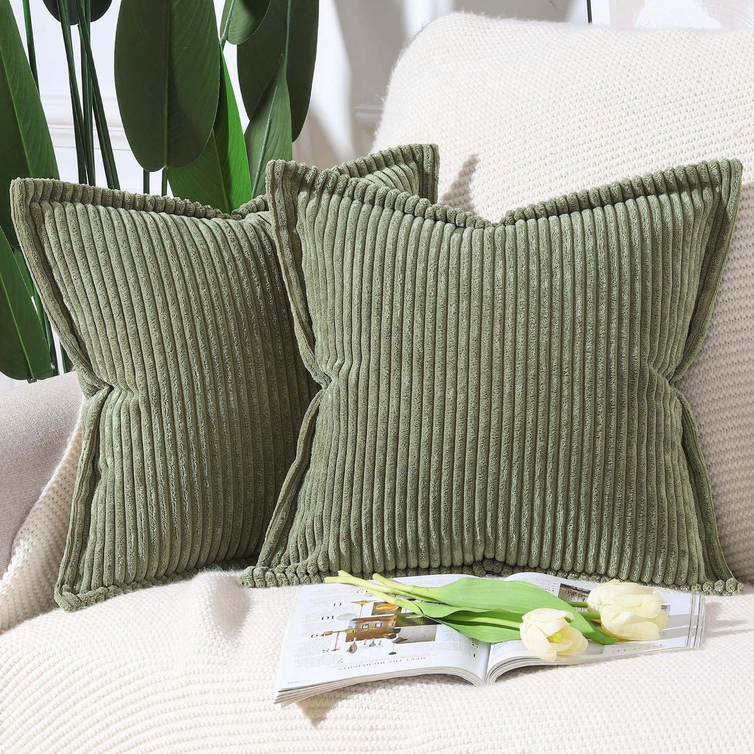 Madizz Olive Green Corduroy Throw Pillow Covers 18x18 inch with Fringe Edge Set of 2 Super Soft B... | Amazon (CA)