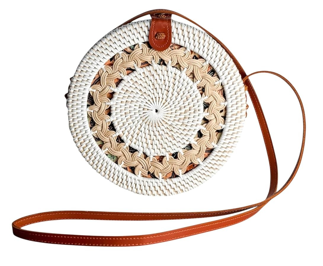 Utama Balinese Round Rattan Bag for Women - Handmade Straw Bags - Wicker Purse - White Brown Circ... | Amazon (US)