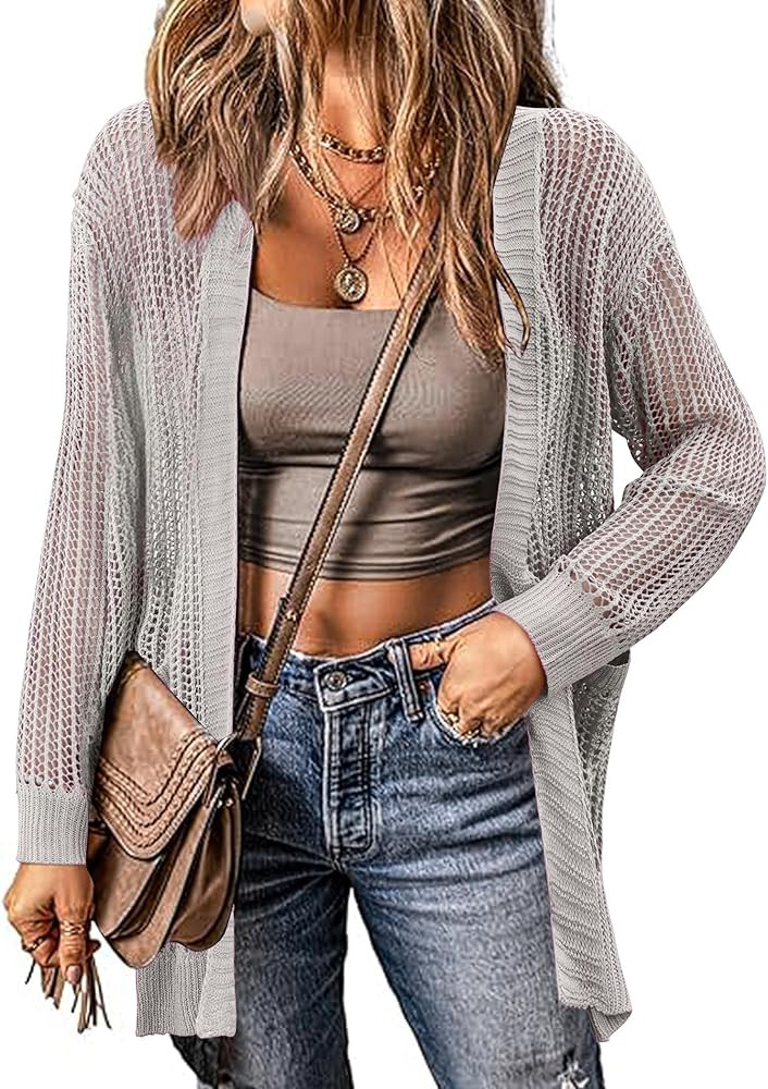 Zeagoo Women 2024 Lightweight Crochet Cardigan Long Sleeve Open Front Knit Sweater Summer Kimono ... | Amazon (US)