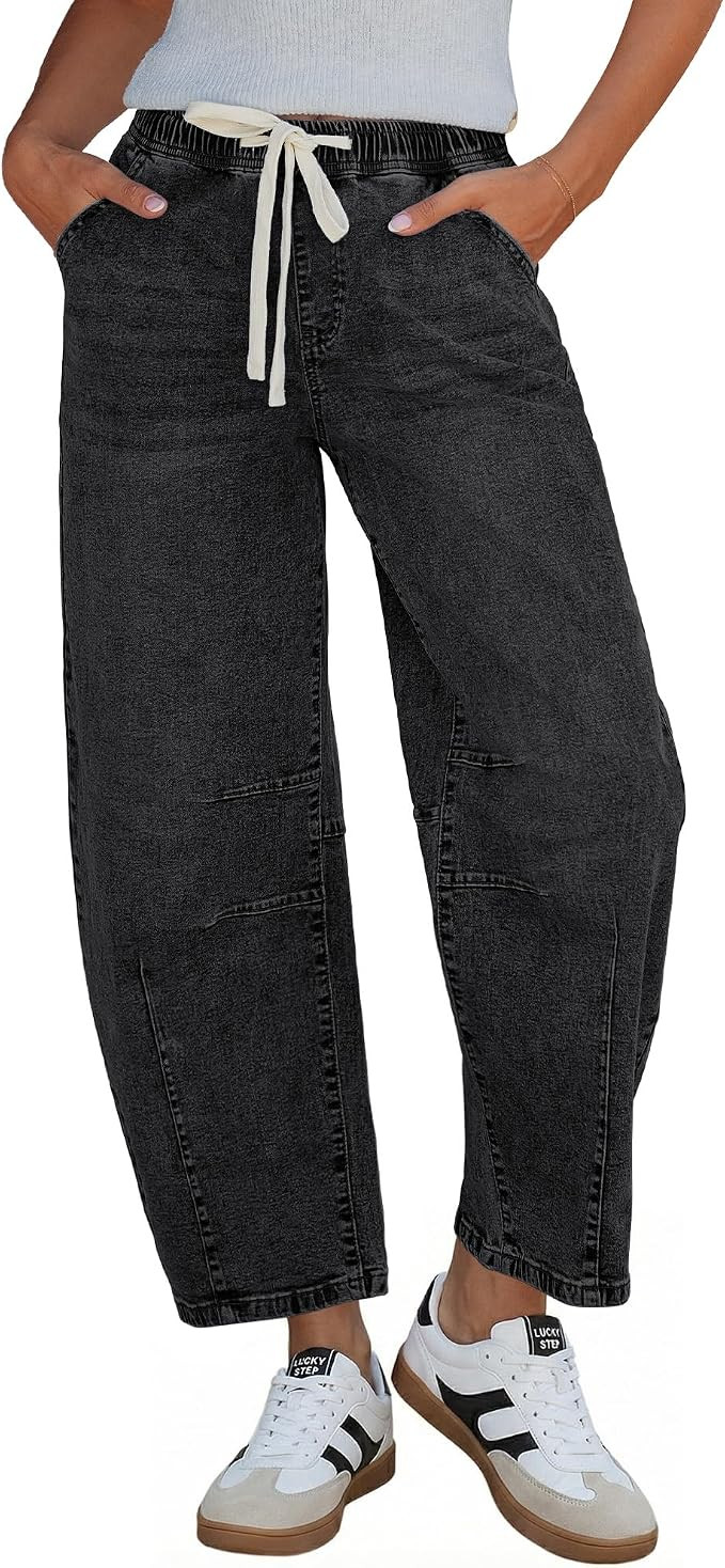 GRAPENT Barrel Jeans Women High Rise Pull On Elastic Waist Crop Denim Pants | Amazon (US)