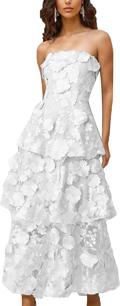 Strapless Ruffle Prom Dresses for Women 3D Floral Embroidery Formal Bridesmaid Party Gown | Amazon (US)