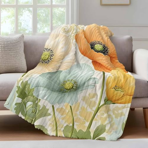 Vintage Poppy Fleece Throw Blanket for Couch Orange Blue Yellow Floral Watercolor Flowers Bed Throws Super Soft Warm Cozy Plush Blankets with Striped Design for Sofa Travel Camping 40x50 Inches | Amazon (US)