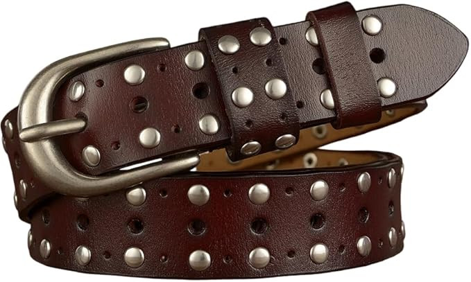 Womens Fashion Sliver Studded Leather Belt for Jeans Dress Black Punk Belt Adjustable | Amazon (US)
