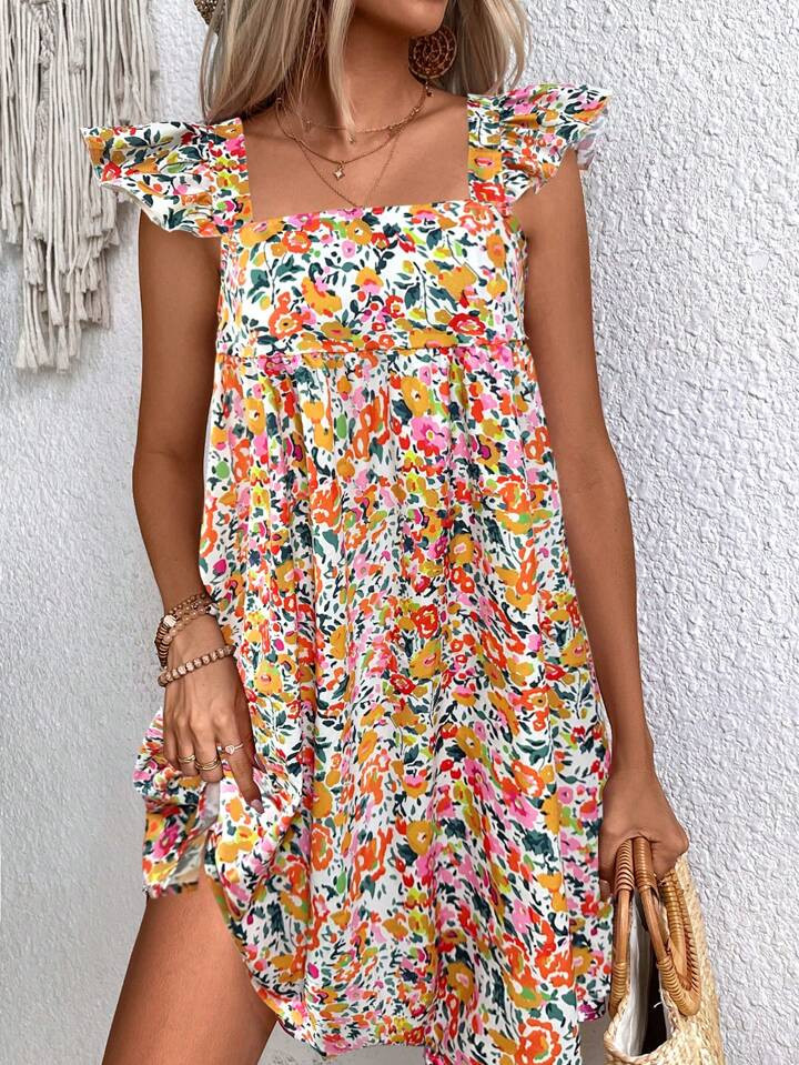 SHEIN VCAY Square Neck Floral Printed Casual Summer Holiday Cap Sleeve Midi Dress | SHEIN USA | SHEIN