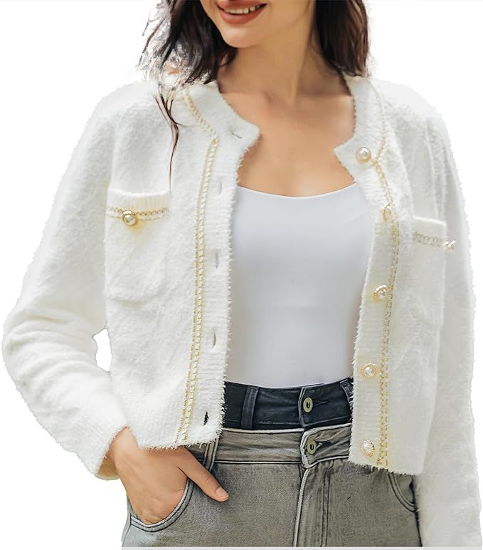 URBAN REVIVO Women's Casual Cardigans Open Front Chunky Short Cardigan Pearl Button Long Sleeved ... | Amazon (US)