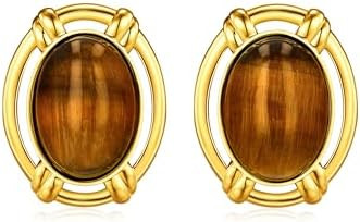 Large Oval Button Chunky 18K gold plated Tiger Eye Gemstone Statement Earrings for Women by SNGIA... | Amazon (US)